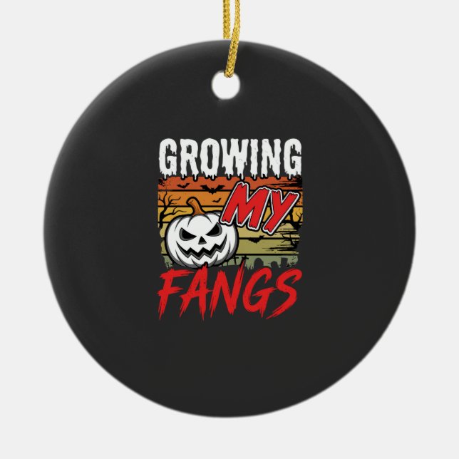 Halloween Growing My Fangs Vampire Pumpkin Ceramic Ornament (Front)