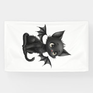 Halloween Grumpy Black Kitten In Bat Costume Banner