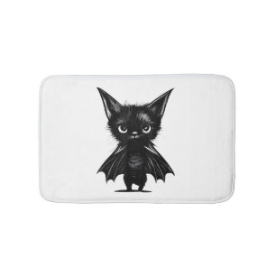 Halloween Grumpy Black Kitten In Bat Costume Bath Mat