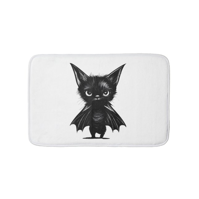 Halloween Grumpy Black Kitten In Bat Costume Bath Mat (Front)