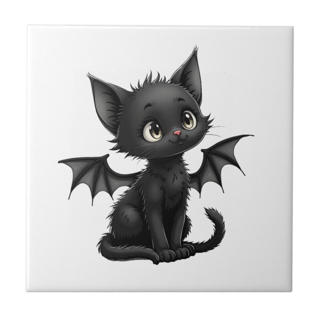 Halloween Grumpy Black Kitten In Bat Costume Ceramic Tile (Front)