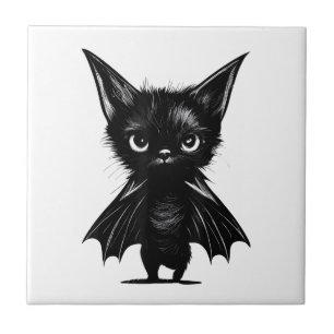 Halloween Grumpy Black Kitten In Bat Costume Ceramic Tile