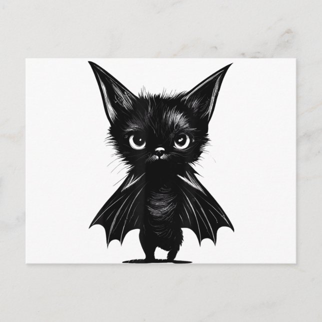 Halloween Grumpy Black Kitten In Bat Costume Holiday Postcard (Front)