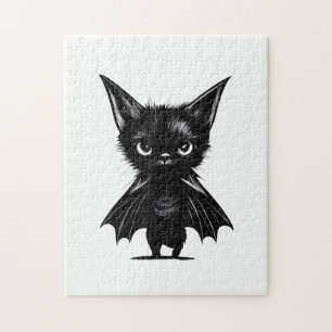 Halloween Grumpy Black Kitten In Bat Costume Jigsaw Puzzle