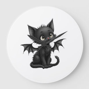 Halloween Grumpy Black Kitten In Bat Costume Large Clock