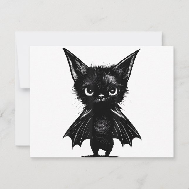 Halloween Grumpy Black Kitten In Bat Costume Save The Date (Front)
