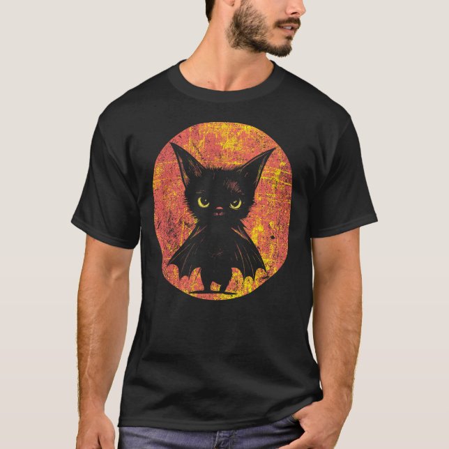 Halloween Grumpy Black Kitten In Bat Costume T-Shirt (Front)
