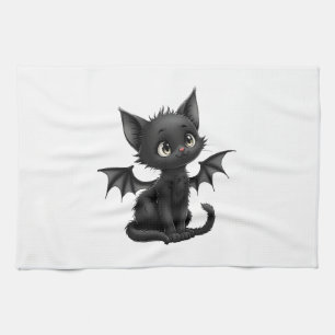 Halloween Grumpy Black Kitten In Bat Costume Tea Towel