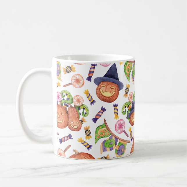 Halloween Hand-Drawn: Bright Watercolor Pattern Coffee Mug (Left)
