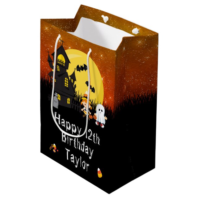 Halloween Happy Birthday Witch Ghost Orange Medium Gift Bag (Front Angled)