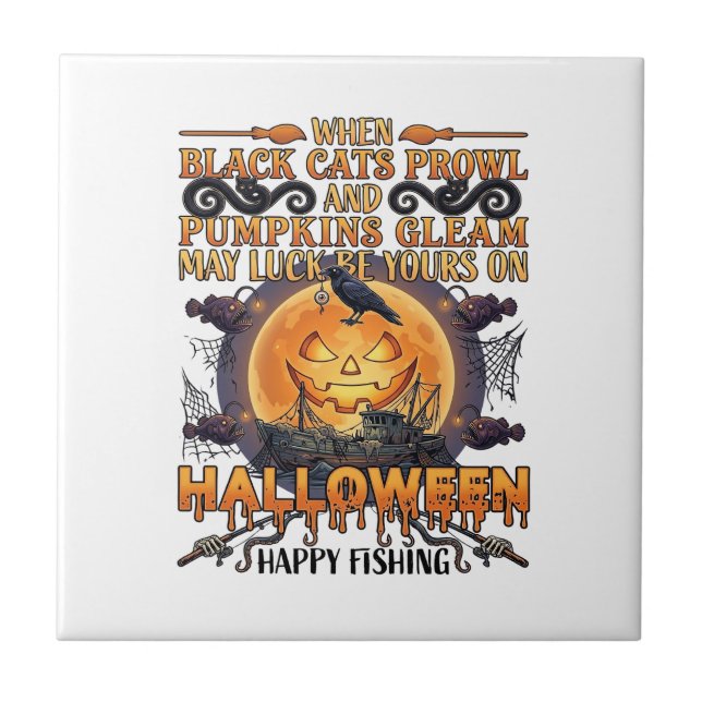 Halloween Happy Fishing Black Cats Pumpkins Crow A Ceramic Tile (Front)