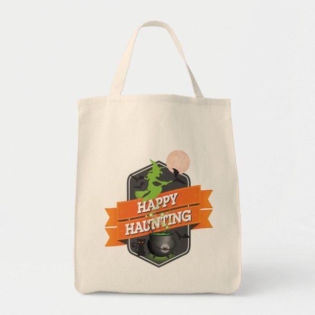 Halloween Happy Haunting with Witch on Broom Tote Bag (Front)