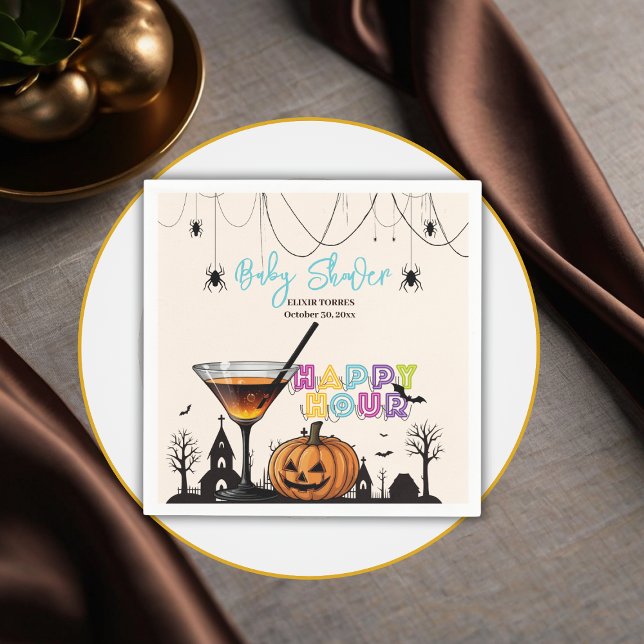 Halloween Happy Hour Pumpkin Cocktail Baby Shower Napkin (Creator Uploaded)