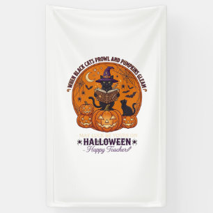 Halloween Happy Teacher Black Cat Witch Hat Pumpki Banner