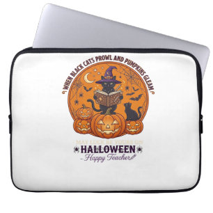 Halloween Happy Teacher Black Cat Witch Hat Pumpki Laptop Sleeve