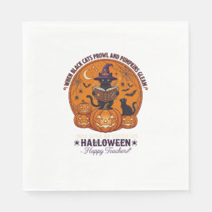 Halloween Happy Teacher Black Cat Witch Hat Pumpki Napkin