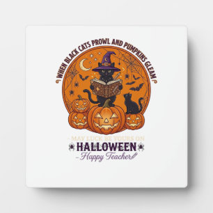 Halloween Happy Teacher Black Cat Witch Hat Pumpki Plaque
