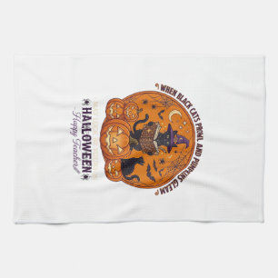 Halloween Happy Teacher Black Cat Witch Hat Pumpki Tea Towel
