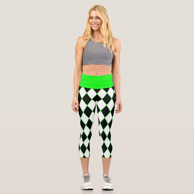 halloween harlequin green black white capri leggings (Front)
