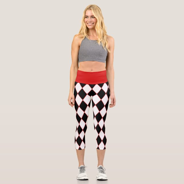 halloween harlequin red black white capri leggings (Front)