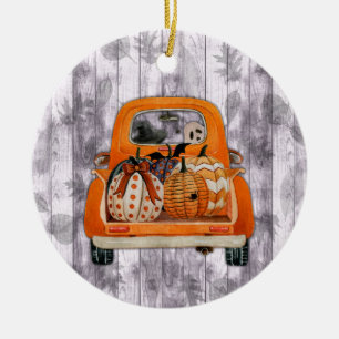 Halloween harvest orange pickup truck with pumpkin ceramic ornament