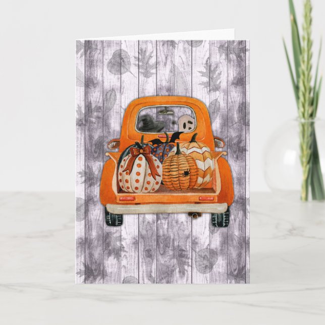 Halloween harvest orange pickup truck with pumpkin holiday card (Front)