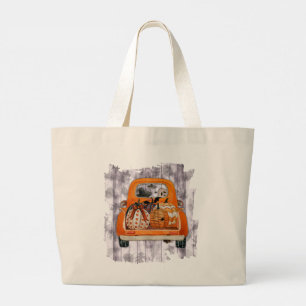 Halloween harvest orange pickup truck with pumpkin large tote bag