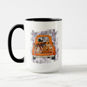 Halloween harvest orange pickup truck with pumpkin mug