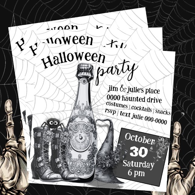 Halloween Hat Boots Spider and Champagne Bottle Invitation (Black and white Halloween customizable party invitation with cute spooky illustrations. )