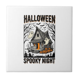 Halloween Haunted Cabin Scary Night Vintage Art Ceramic Tile