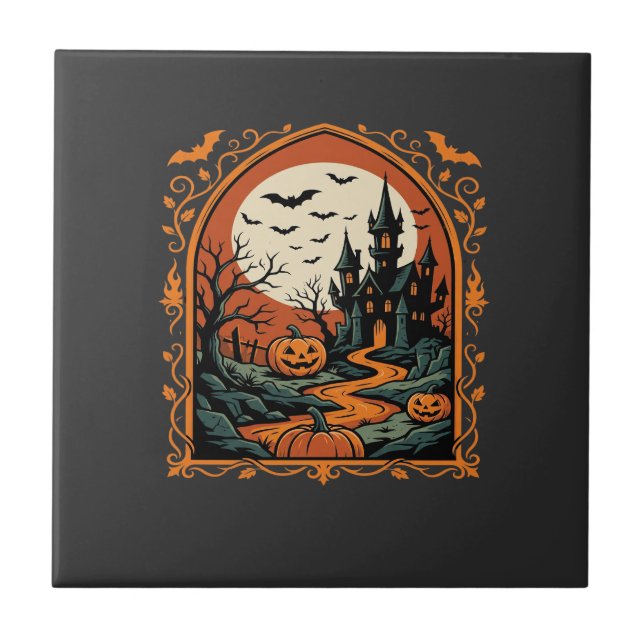 Halloween Haunted Castle Pumpkin Moon Vector Art Ceramic Tile (Front)