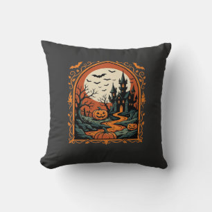Halloween Haunted Castle Pumpkin Moon Vector Art Cushion