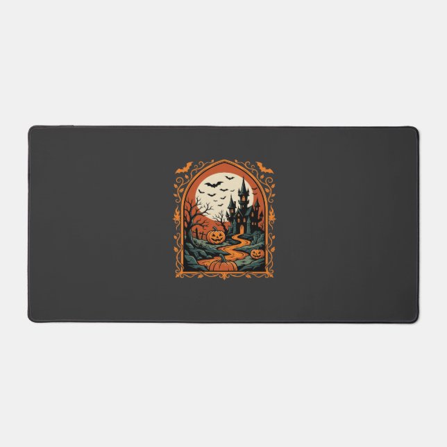 Halloween Haunted Castle Pumpkin Moon Vector Art Desk Mat (Front)