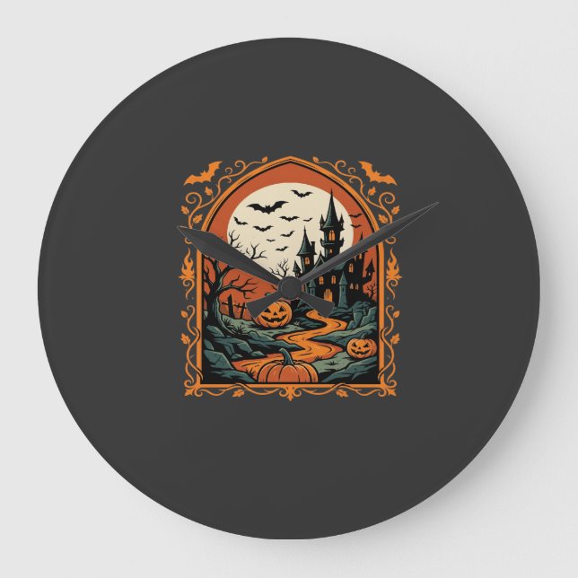 Halloween Haunted Castle Pumpkin Moon Vector Art Large Clock (Front)