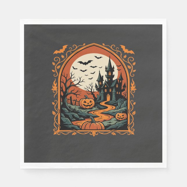 Halloween Haunted Castle Pumpkin Moon Vector Art Napkin (Front)