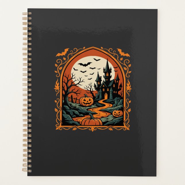 Halloween Haunted Castle Pumpkin Moon Vector Art Planner (Front)