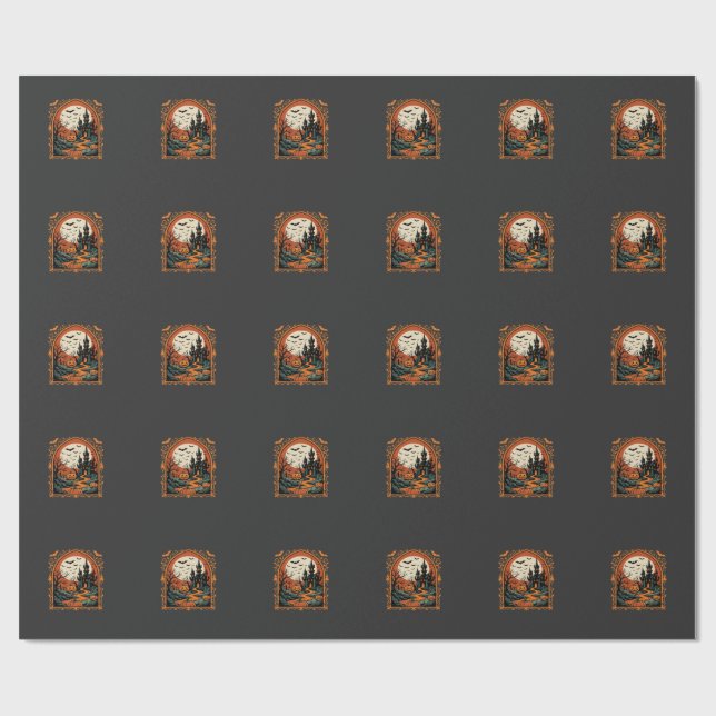 Halloween Haunted Castle Pumpkin Moon Vector Art Wrapping Paper (Flat)