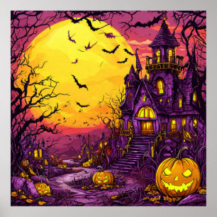 Halloween Haunted Castle Pumpkins Bats Dark Scene Poster