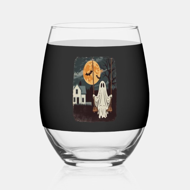 Halloween Haunted Ghost Swing Stemless Wine Glass (Front)