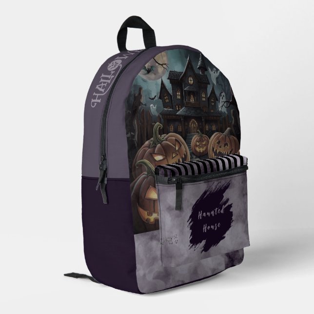 Halloween, Haunted House and Scary Pumpkins Printed Backpack (Back Corner Left)