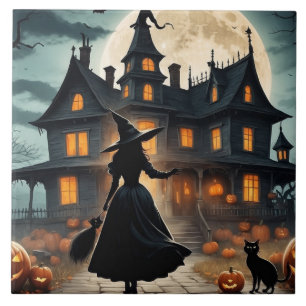 Halloween Haunted House and Witch Ceramic Tile