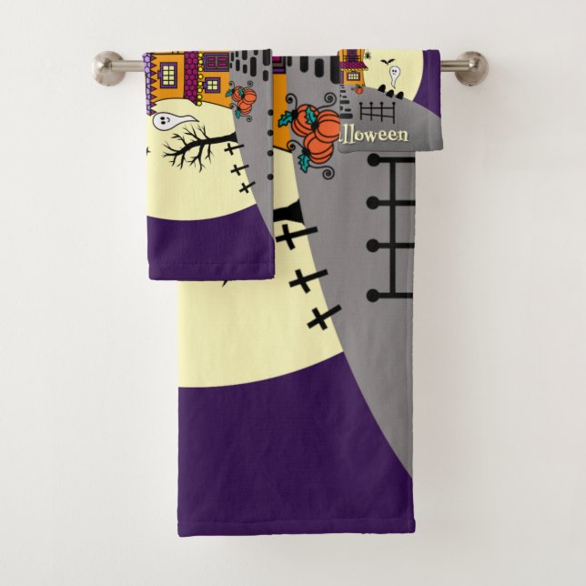 Halloween Haunted House Black Bat Full Moon Ghost Bath Towel Set (Insitu)