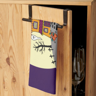 Halloween Haunted House Black Bat Full Moon Ghost Tea Towel