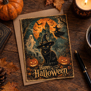 Halloween Haunted House Black Cat Bat Moon Pumpkin Postcard