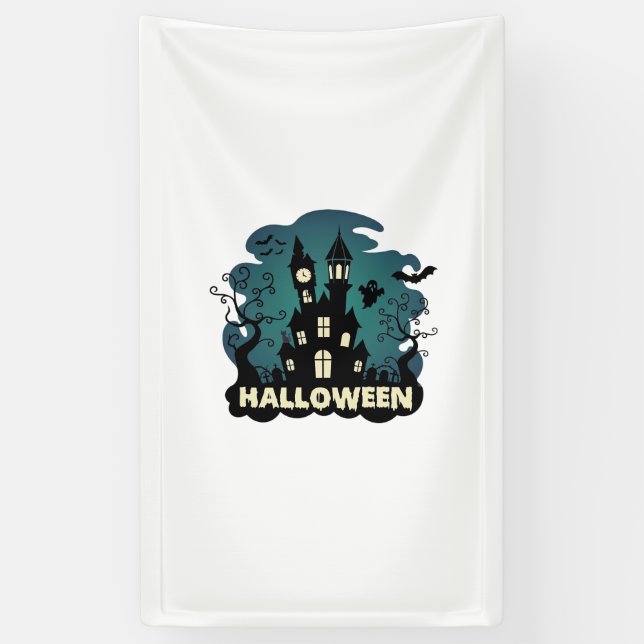 Halloween Haunted House Clock Tower Bats Ghost_1 Banner (Vertical)