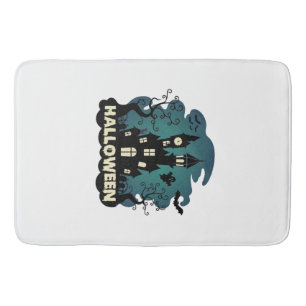 Halloween Haunted House Clock Tower Bats Ghost_1 Bath Mat