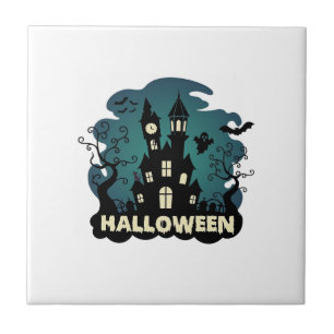 Halloween Haunted House Clock Tower Bats Ghost_1 Ceramic Tile