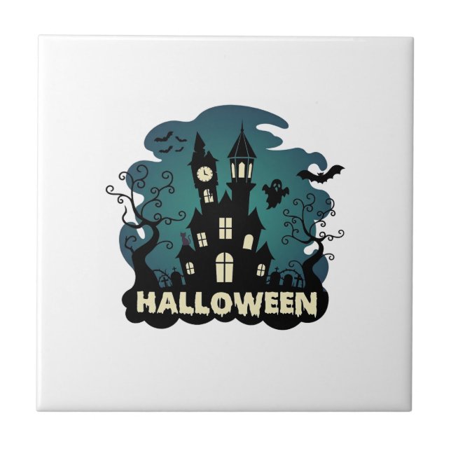 Halloween Haunted House Clock Tower Bats Ghost_1 Ceramic Tile (Front)