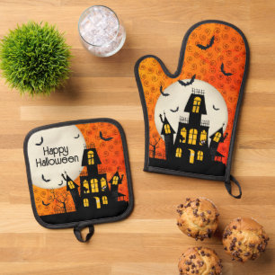 Halloween Haunted House Full Moon Bats Cat Oven Mitt & Pot Holder Set