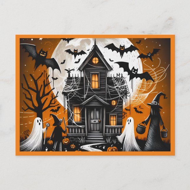 Halloween haunted house holiday postcard (Front)